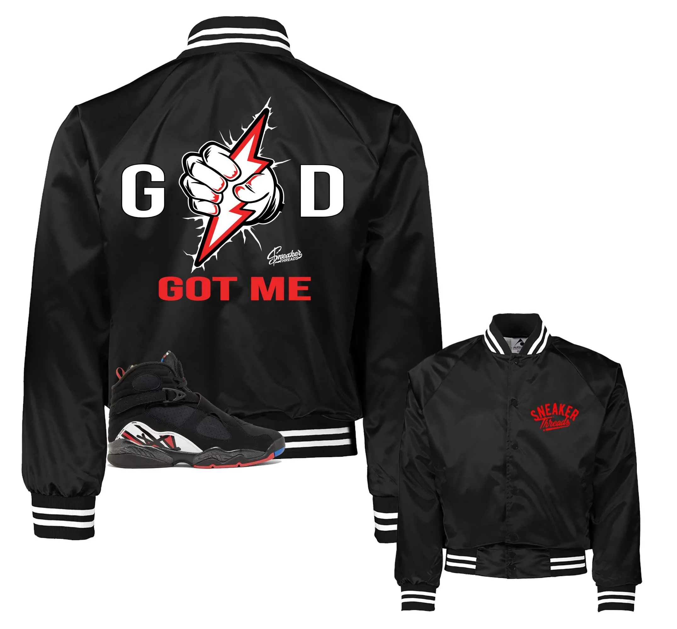 Retro 8 Playoffs Satin Jacket - God Got Me - Black