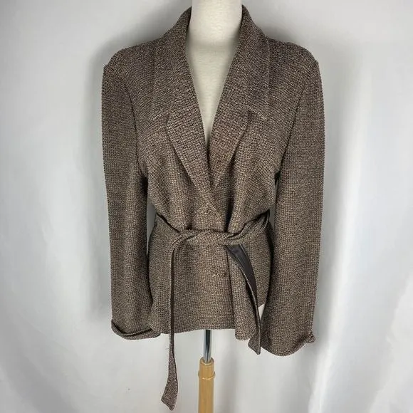 St JohnTan tweed knit blazer w/ leather lined belt