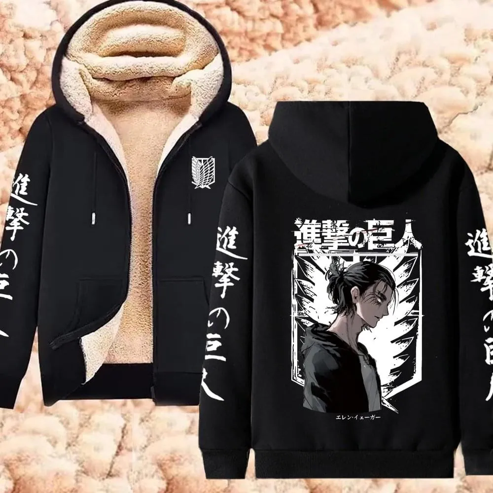 Winter Warm Hoodie Attack on Titan Hoodies Anime  Zipper Jackets Lambswool Thermal Sweatshirts Streetwear Plus Size