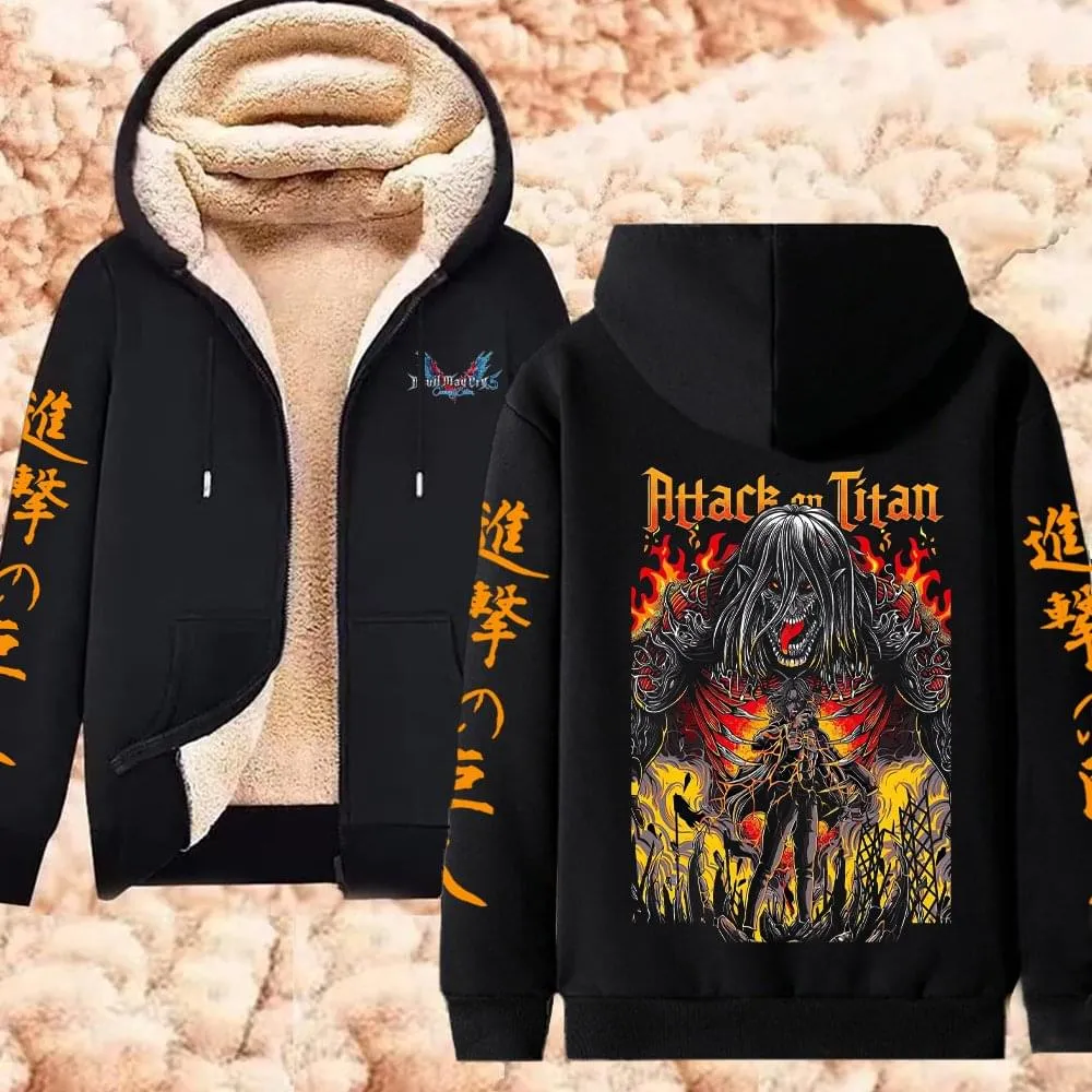 Winter Warm Hoodie Attack on Titan Hoodies Anime  Zipper Jackets Lambswool Thermal Sweatshirts Streetwear Plus Size