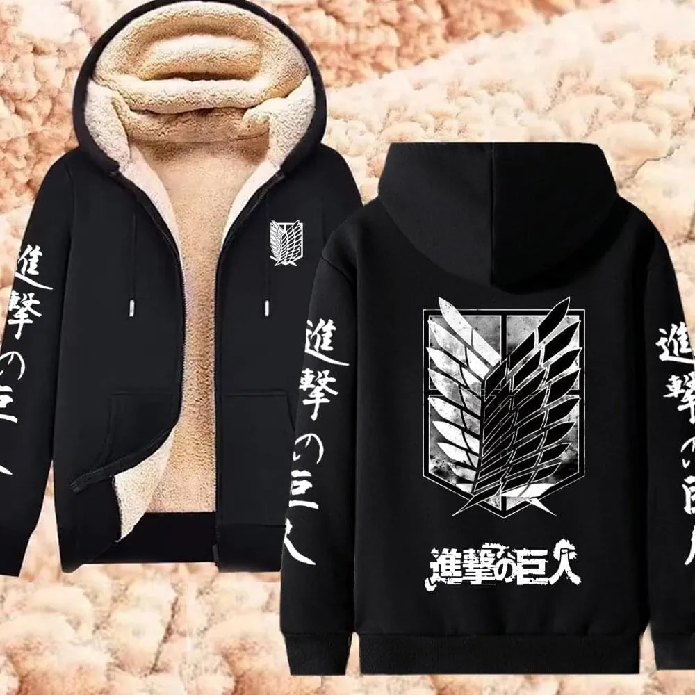 Winter Warm Hoodie Attack on Titan Hoodies Anime  Zipper Jackets Lambswool Thermal Sweatshirts Streetwear Plus Size