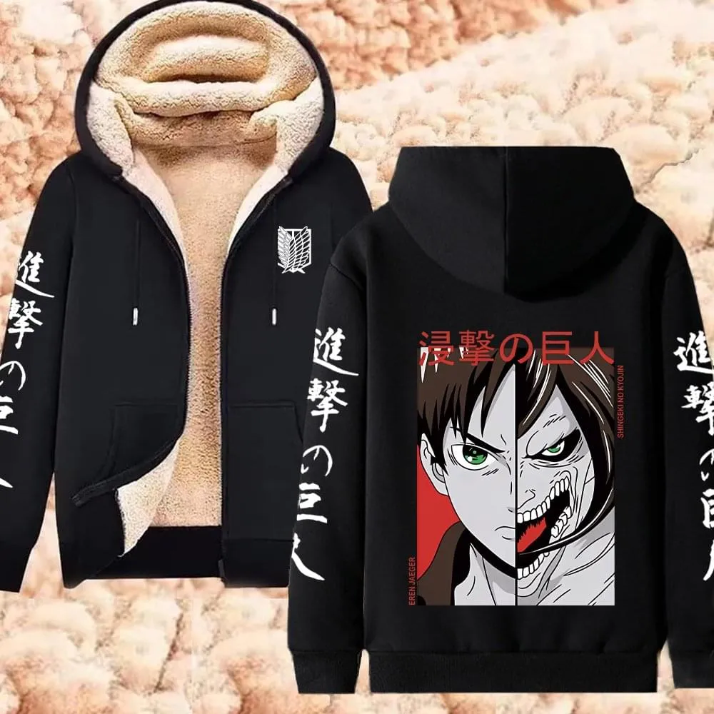 Winter Warm Hoodie Attack on Titan Hoodies Anime  Zipper Jackets Lambswool Thermal Sweatshirts Streetwear Plus Size