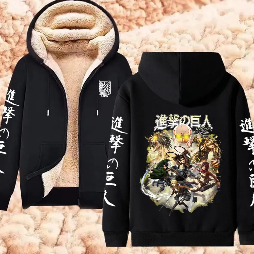 Winter Warm Hoodie Attack on Titan Hoodies Anime  Zipper Jackets Lambswool Thermal Sweatshirts Streetwear Plus Size