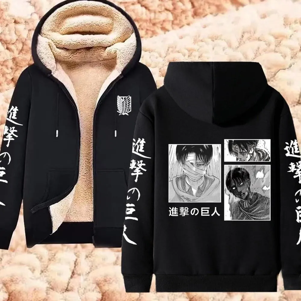 Winter Warm Hoodie Attack on Titan Hoodies Anime  Zipper Jackets Lambswool Thermal Sweatshirts Streetwear Plus Size