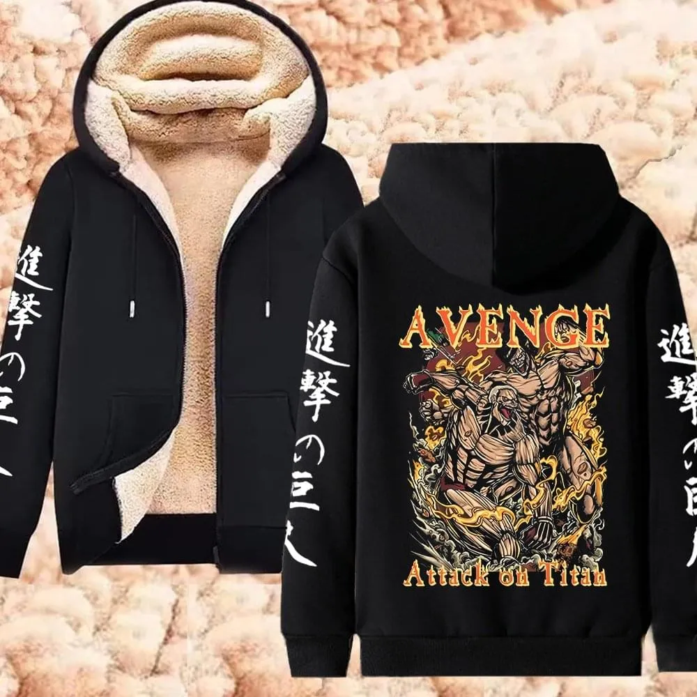 Winter Warm Hoodie Attack on Titan Hoodies Anime  Zipper Jackets Lambswool Thermal Sweatshirts Streetwear Plus Size