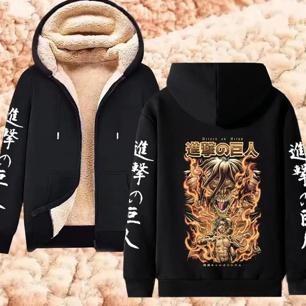 Winter Warm Hoodie Attack on Titan Hoodies Anime  Zipper Jackets Lambswool Thermal Sweatshirts Streetwear Plus Size