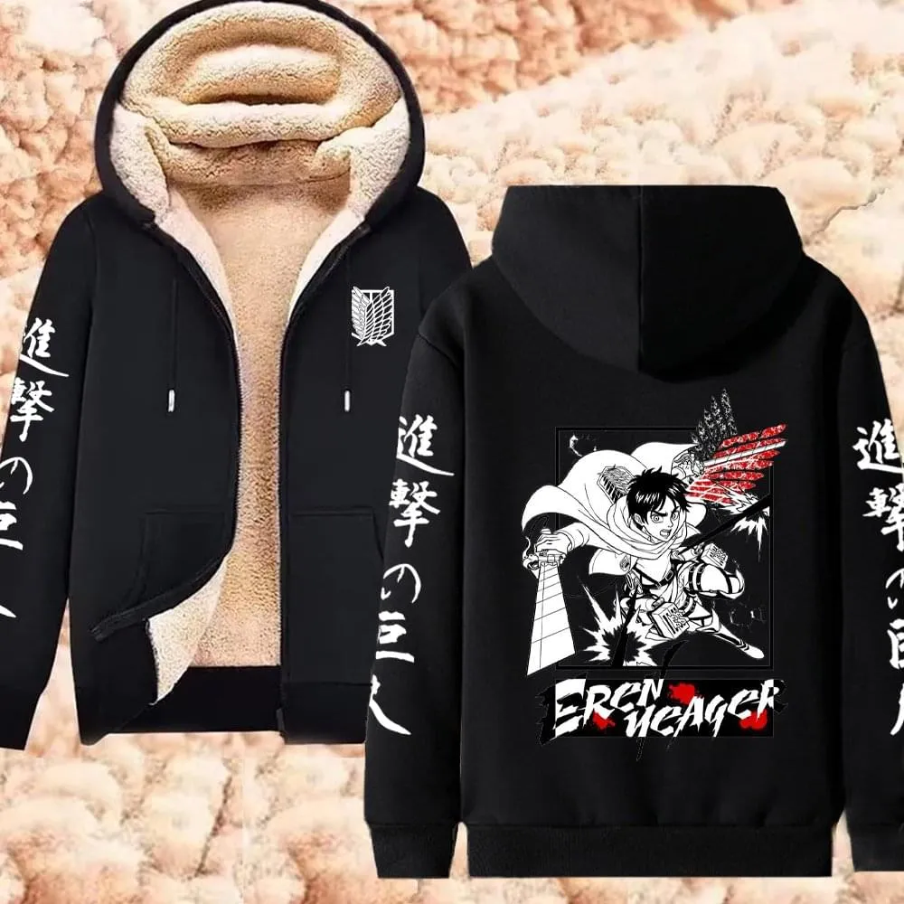 Winter Warm Hoodie Attack on Titan Hoodies Anime  Zipper Jackets Lambswool Thermal Sweatshirts Streetwear Plus Size