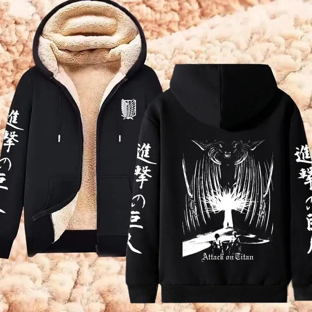 Winter Warm Hoodie Attack on Titan Hoodies Anime  Zipper Jackets Lambswool Thermal Sweatshirts Streetwear Plus Size