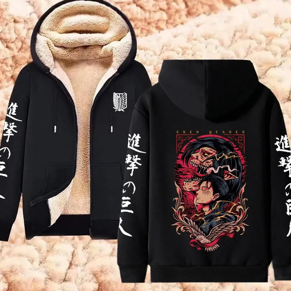 Winter Warm Hoodie Attack on Titan Hoodies Anime  Zipper Jackets Lambswool Thermal Sweatshirts Streetwear Plus Size