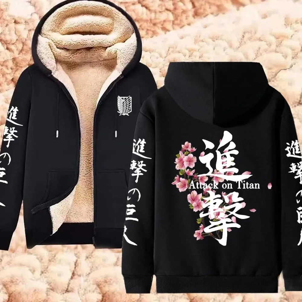 Winter Warm Hoodie Attack on Titan Hoodies Anime  Zipper Jackets Lambswool Thermal Sweatshirts Streetwear Plus Size