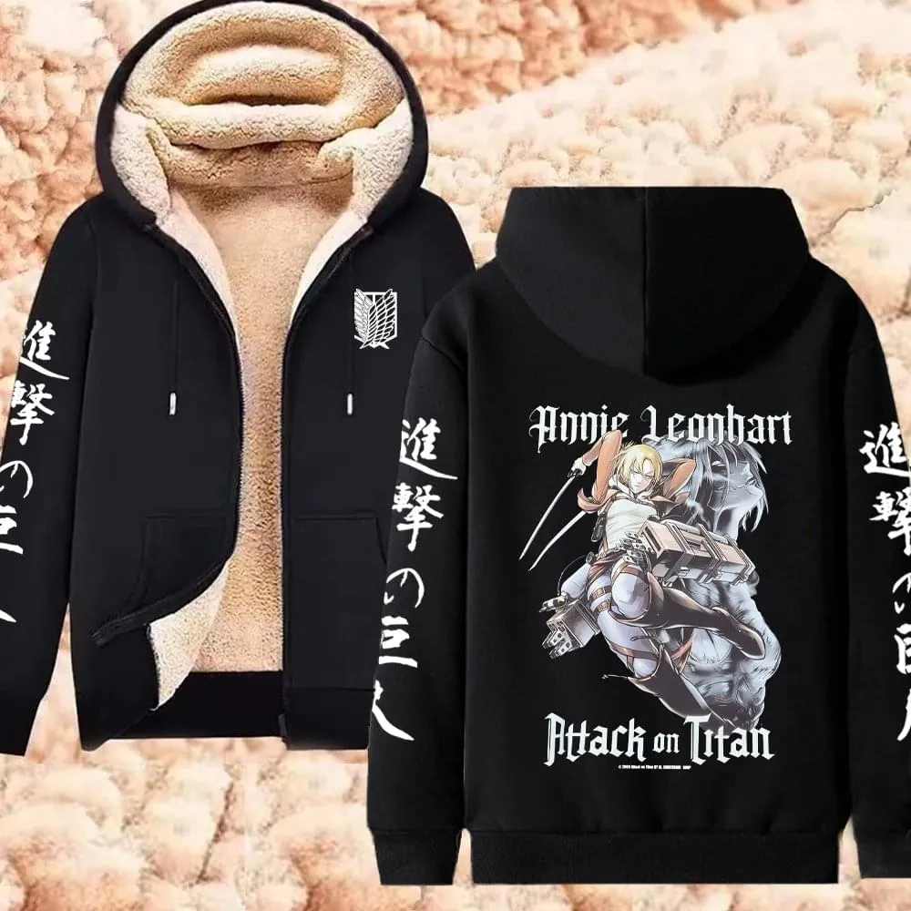 Winter Warm Hoodie Attack on Titan Hoodies Anime  Zipper Jackets Lambswool Thermal Sweatshirts Streetwear Plus Size