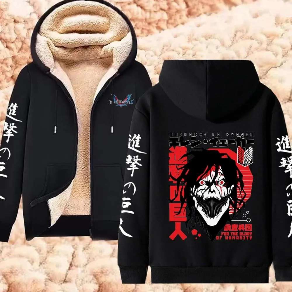 Winter Warm Hoodie Attack on Titan Hoodies Anime  Zipper Jackets Lambswool Thermal Sweatshirts Streetwear Plus Size