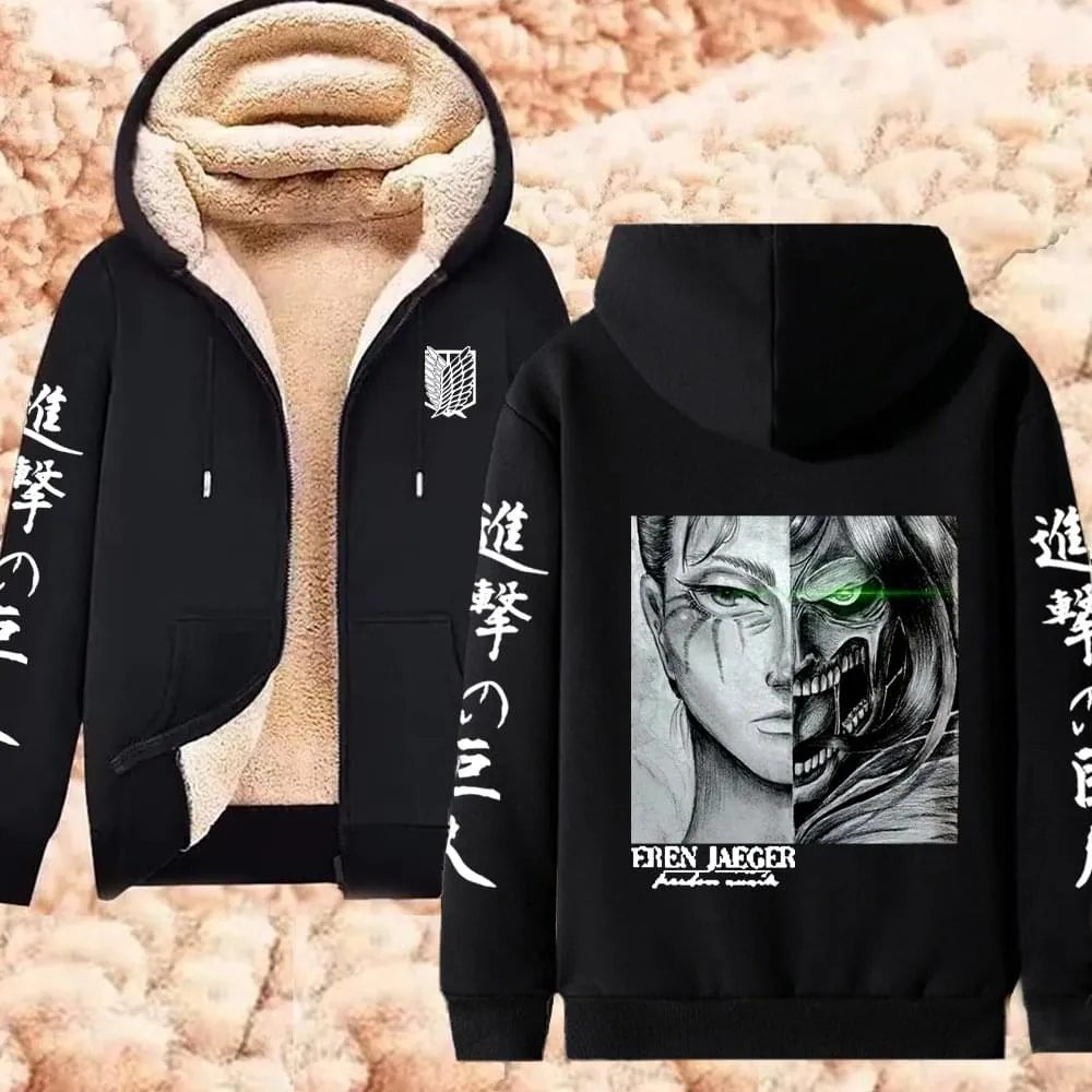 Winter Warm Hoodie Attack on Titan Hoodies Anime  Zipper Jackets Lambswool Thermal Sweatshirts Streetwear Plus Size