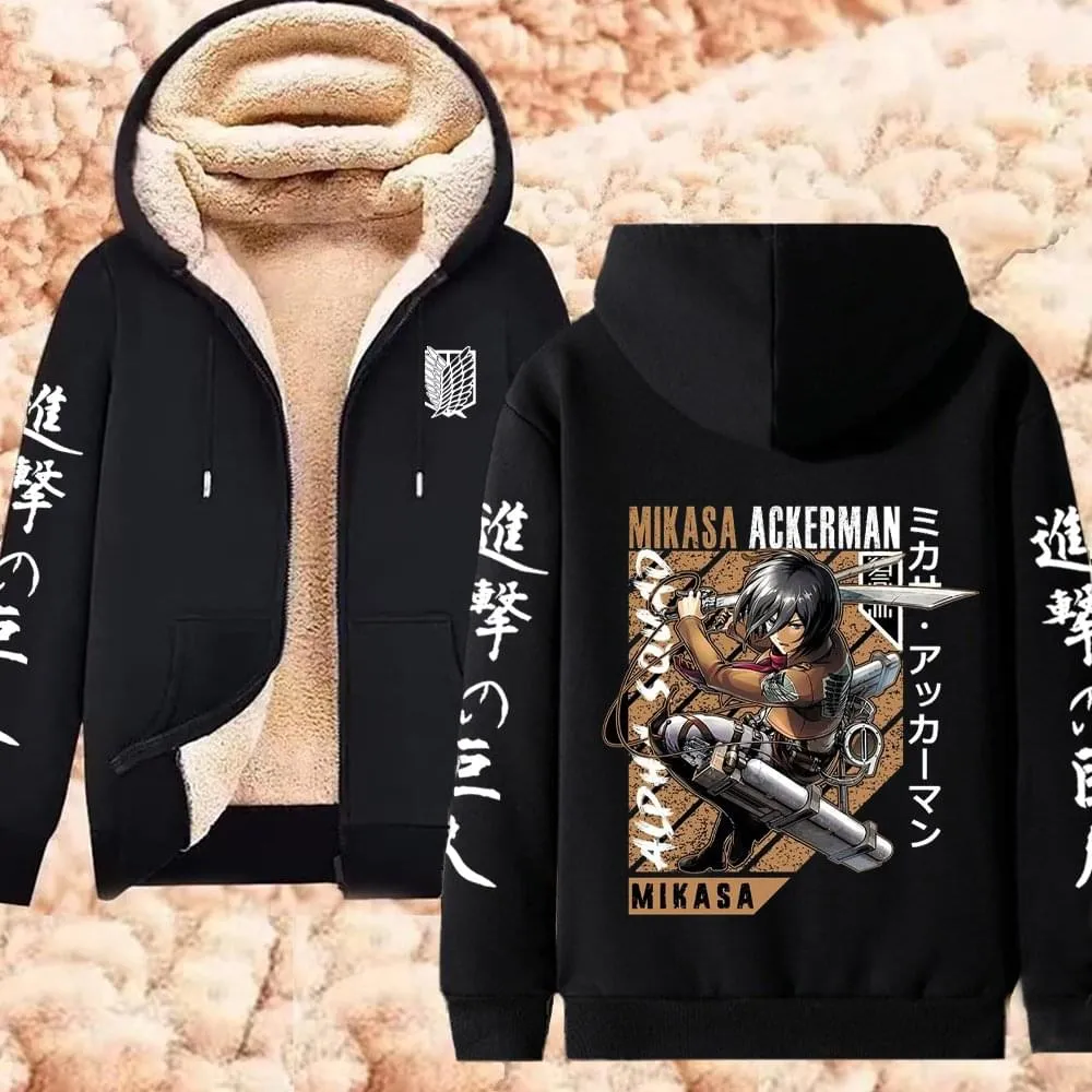 Winter Warm Hoodie Attack on Titan Hoodies Anime  Zipper Jackets Lambswool Thermal Sweatshirts Streetwear Plus Size