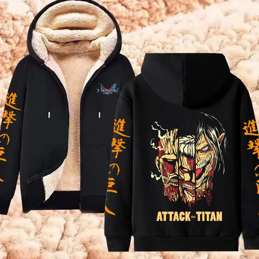 Winter Warm Hoodie Attack on Titan Hoodies Anime  Zipper Jackets Lambswool Thermal Sweatshirts Streetwear Plus Size