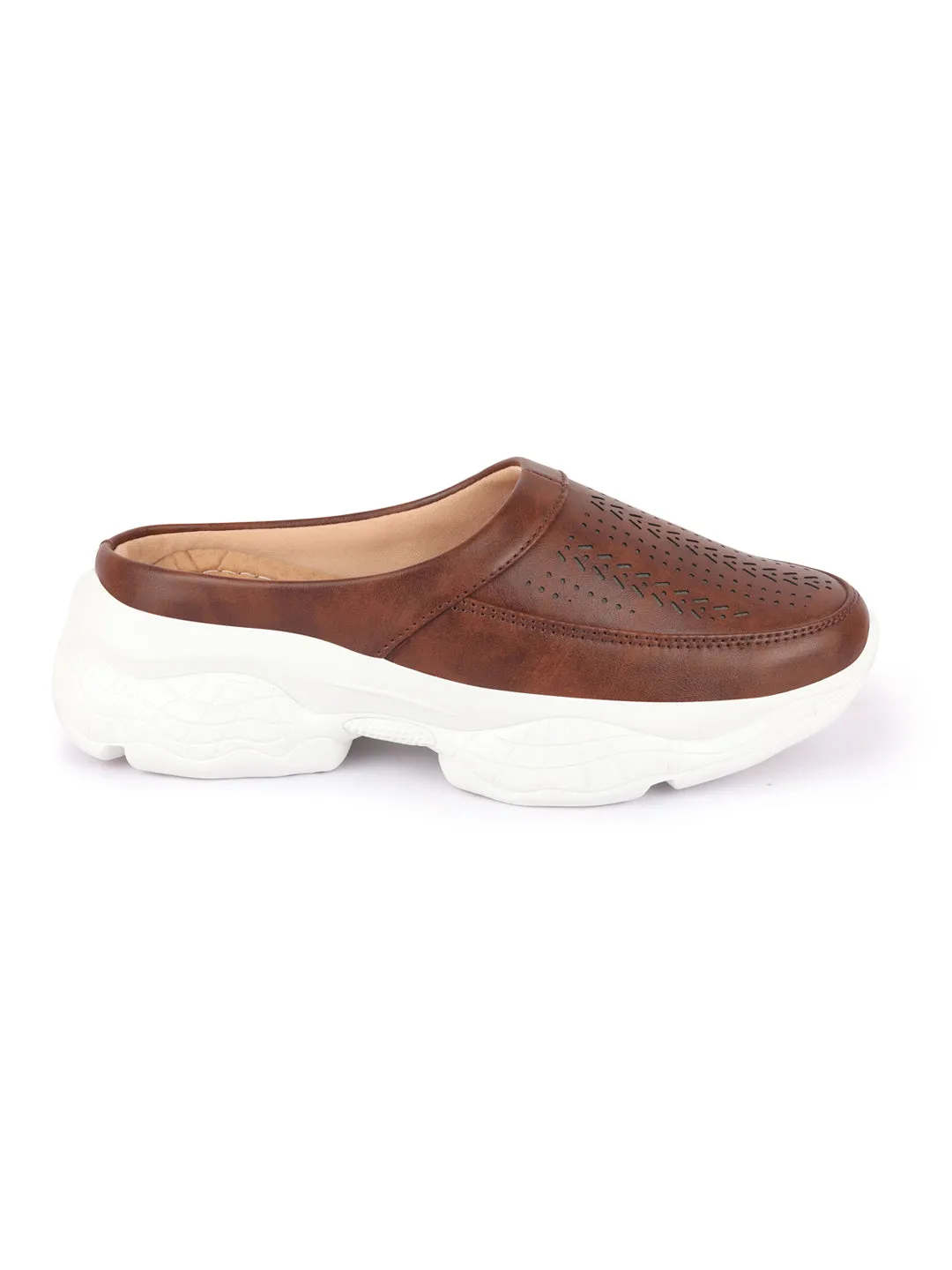 Women Brown Laser Cut Design Stitched Back Open Slip On Mules Shoes