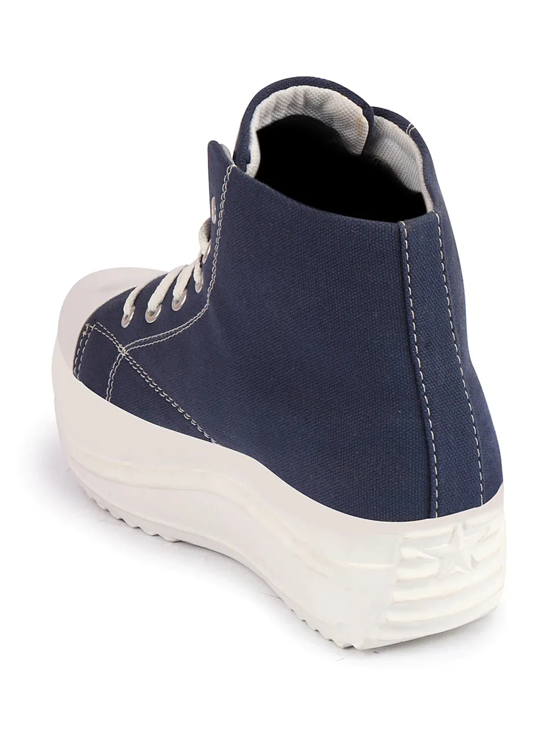 Women Navy Blue High Ankle Top Wedge Heels Canvas Lace Up Sneakers Shoes