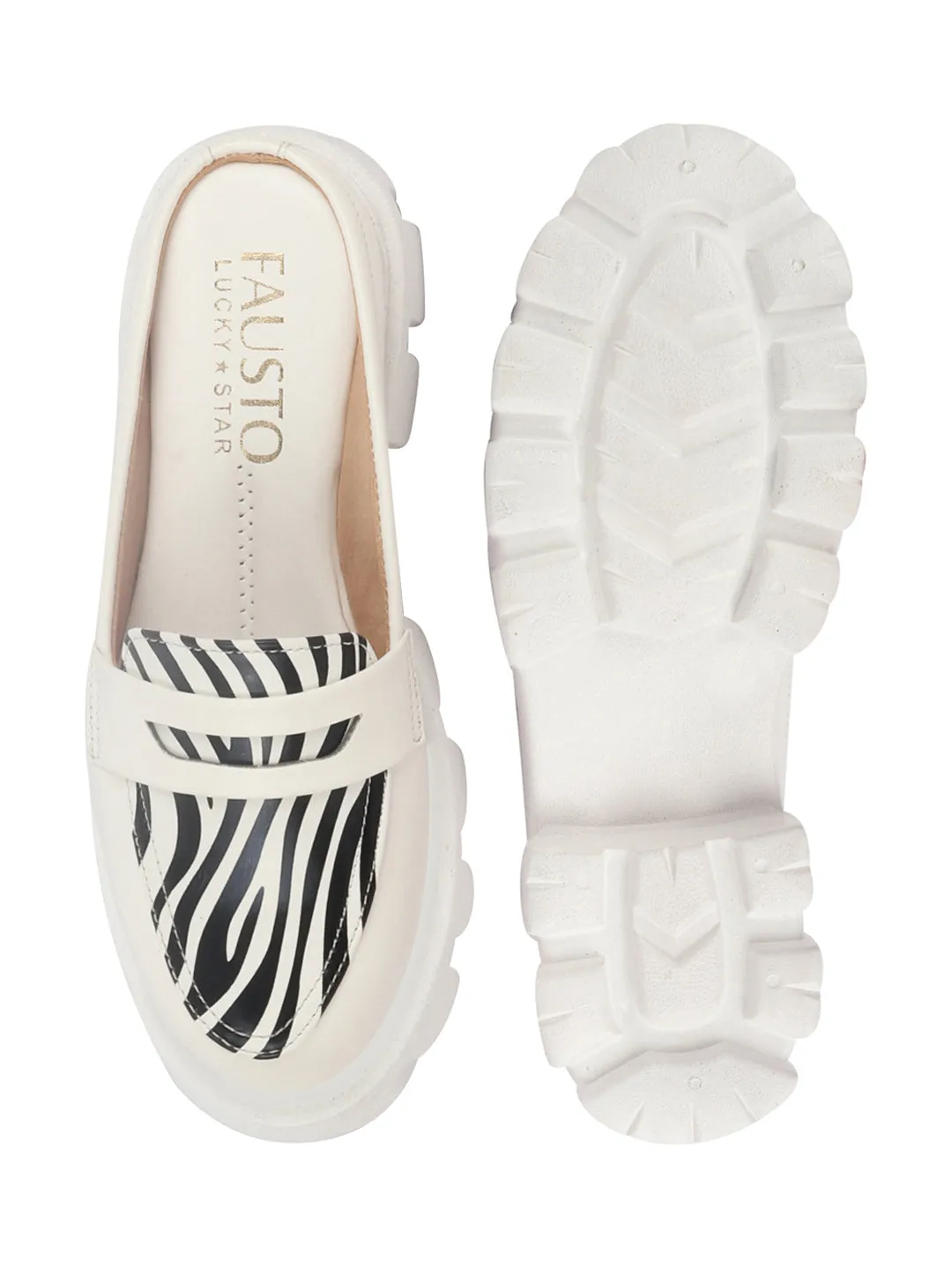 Women White Stiched Zebra Striped Print Back Open Party Slip On Casual Shoes