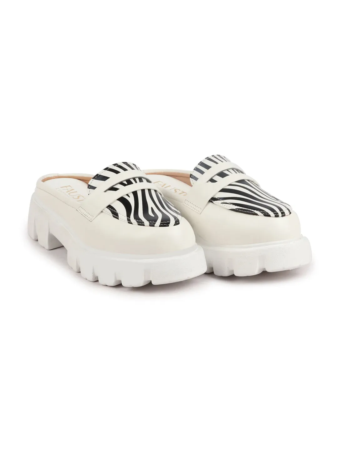 Women White Stiched Zebra Striped Print Back Open Party Slip On Casual Shoes