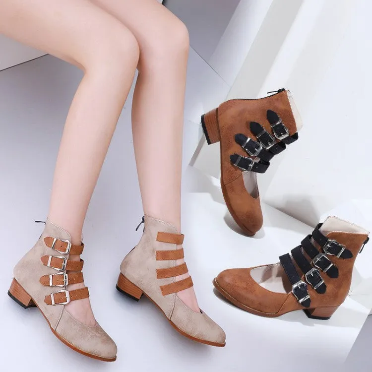 Women's Round Toe Shallow Buckle Straps Block Chunky Heel Pumps